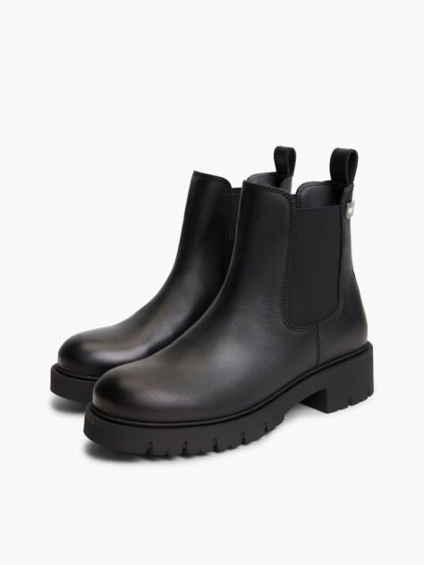 Black Leather Cleat Chelsea Boots  Women