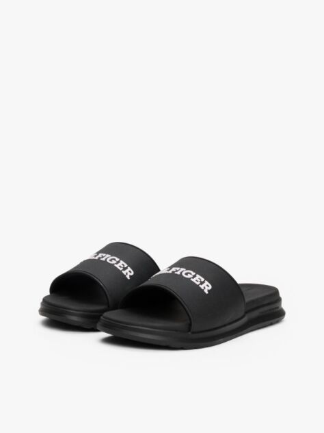 Black Textured Logo Pool Slides  Men