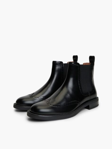 Black Leather Brogue Chelsea Boots  Men
