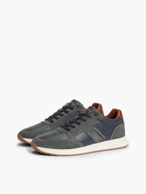 Blue Leather Mixed Texture Sneakers  Men
