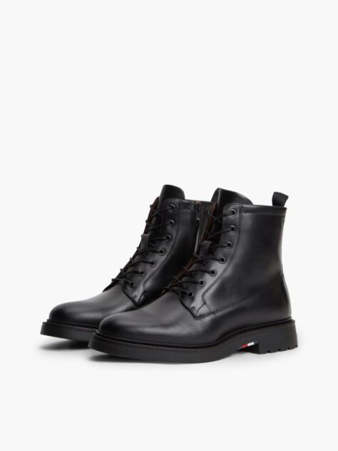Black Leather Cleat Zip-Up Mid Boots  Men