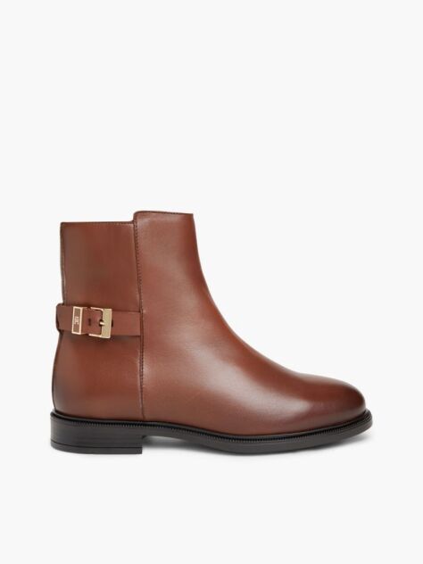 Brown Leather TH Monogram Buckle Ankle Boots  Women