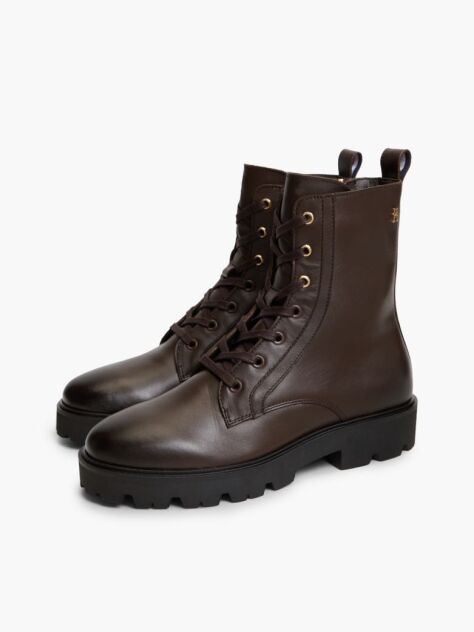 Brown TH Monogram Leather Lace-Up Boots  Women