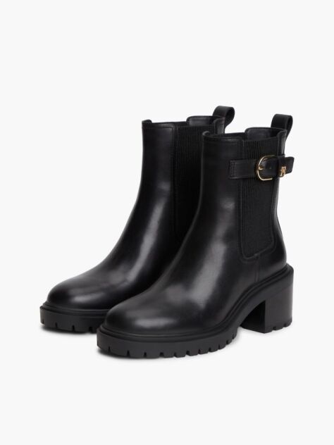 Black Leather Buckle Block Heel Chelsea Boots  Women