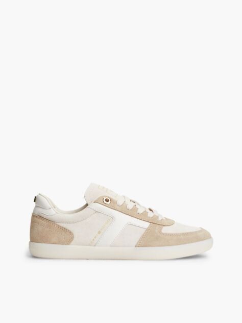 Beige Suede Mixed Texture Enamel Flag Sneakers  Women