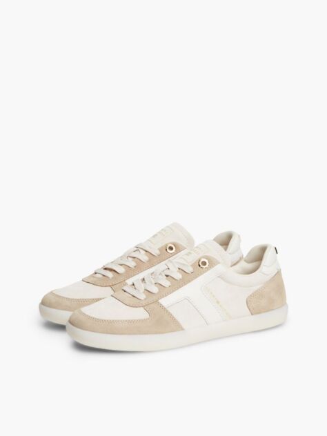 Beige Suede Mixed Texture Enamel Flag Sneakers  Women