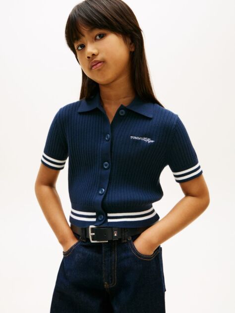 Blue Logo Embroidery Short Sleeve Polo Cardigan  Girls