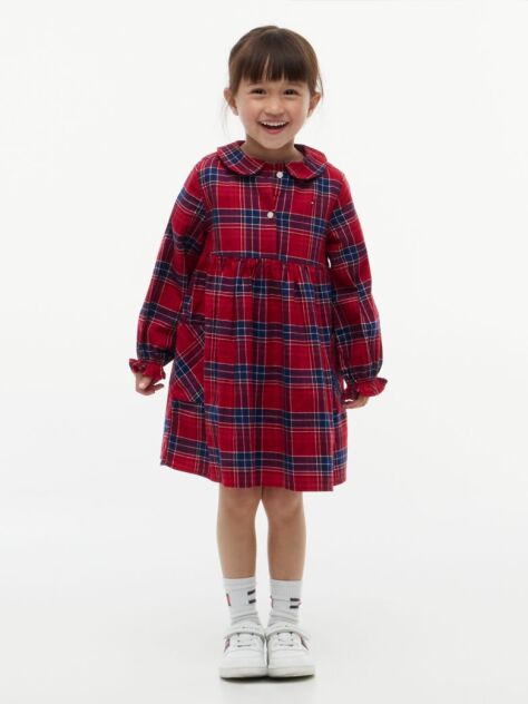 Multi Check Flag Embroidery Ruffle Cuff Dress  Girls