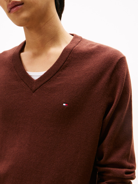 Καφέ Πουλόβερ Από Βαμβακερό Κασμίρ Με V-Λαιμόκοψη  Άνδρες