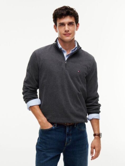Grey Ribbed French Terry Quarter-Zip Jumper  Men