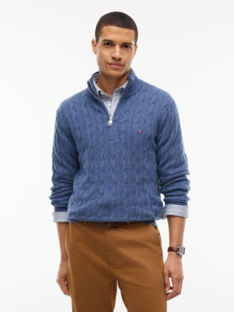 Blue Pure Lambswool Cable Knit Quarter-Zip Jumper  Men