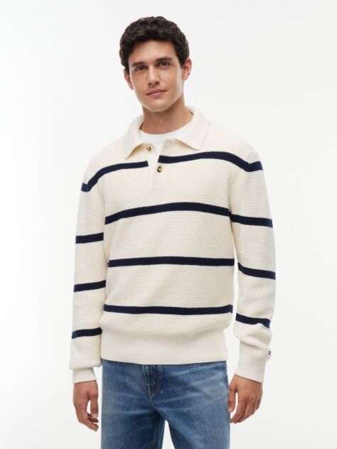 Multi Waffle Knit Relaxed Rugby Jumper  Men