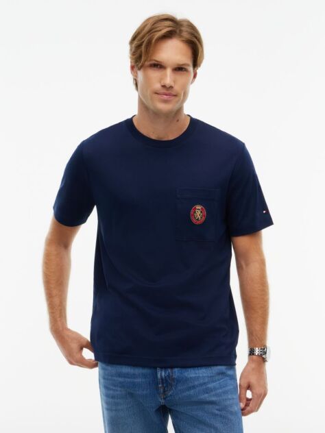 Μπλε Βαμβακερό T-Shirt Με Τσέπη Και Οικόσημο  Άνδρες