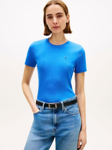 Blue Flag Embroidery Ribbed Slim T-Shirt  Women