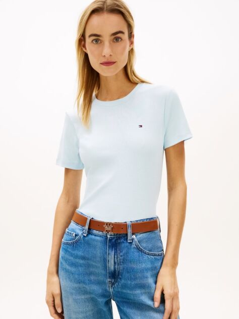 Μπλε Ριμπ T-Shirt Σε Slim Γραμμή Με Κεντητό Σημαιάκι  Γυναίκες
