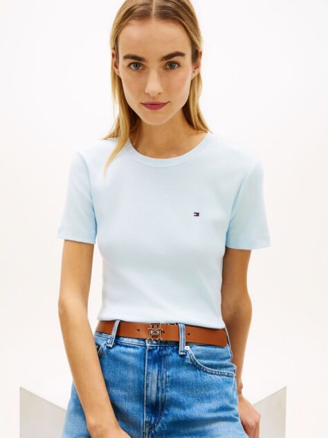 Μπλε Ριμπ T-Shirt Σε Slim Γραμμή Με Κεντητό Σημαιάκι  Γυναίκες