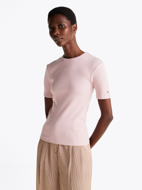 Ροζ T-Shirt Με Ριμπ Ύφανση Και Slim Γραμμή  Γυναίκες