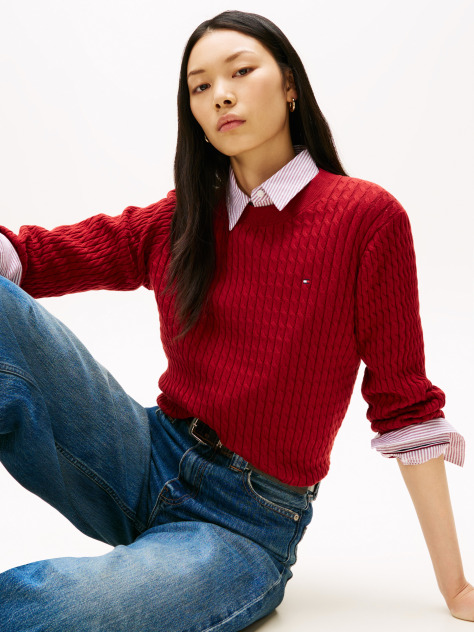 Red Fine Cable Knit Jumper  Women