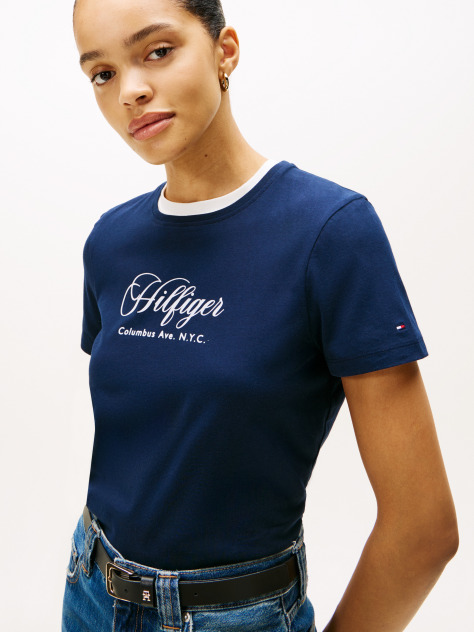 Μπλε T-Shirt Με Κλασική Λαιμόκοψη Και Κεντητό Λογότυπο  Γυναίκες