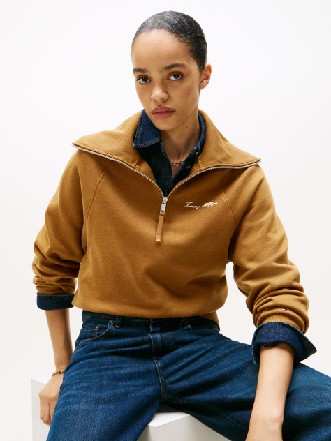 Χακί Interlock Fleece Πλεκτό Πουλόβερ Με Φερμουάρ  Γυναίκες
