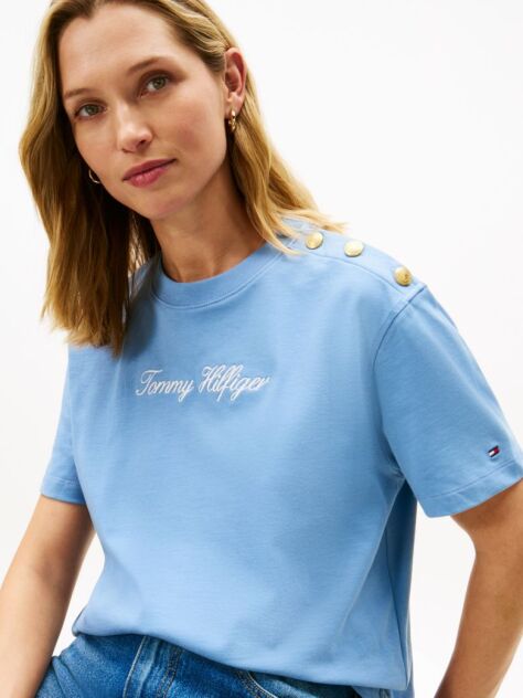 Μπλε Άνετο T-Shirt Mε Κεντημένο Λογότυπο Και Χρυσά Κουμπιά  Γυναίκες
