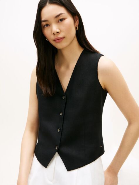 Black Linen Blend Poplin Waistcoat  Women