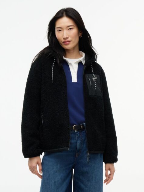 Black Teddy Fleece Zip-Thru Relaxed Hooded Jacket  Women