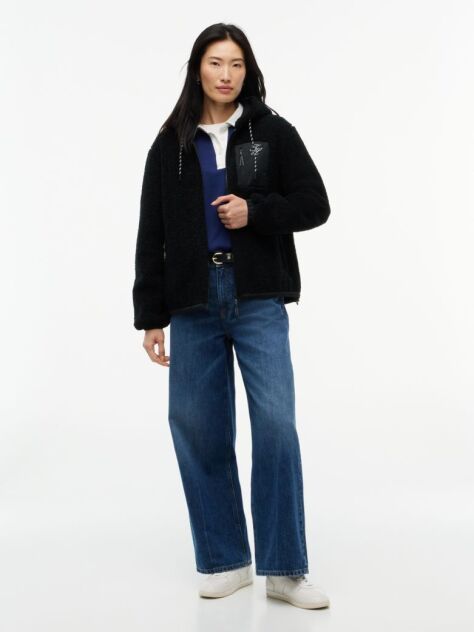 Black Teddy Fleece Zip-Thru Relaxed Hooded Jacket  Women