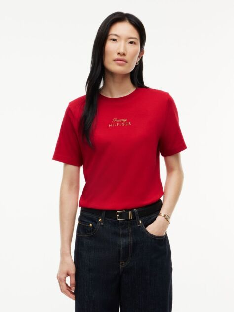 Κόκκινο T-Shirt Με Κλασική Λαιμόκοψη Και Κεντητό Λογότυπο  Γυναίκες