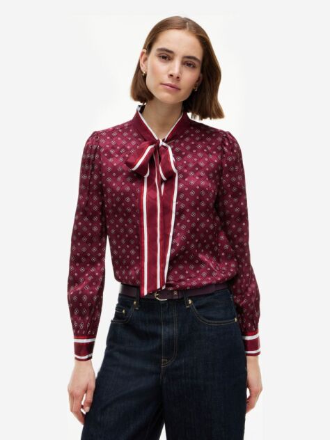 Red Regular Fit Tie Neck Jacquard Shirt  Women