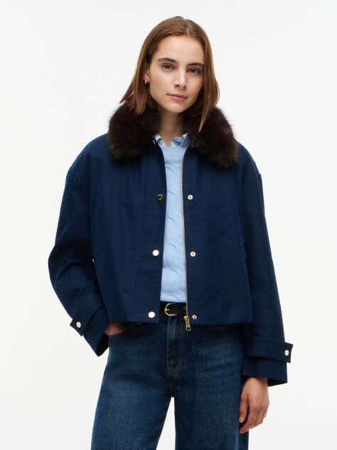Μπλε Oversized Bomber Τζάκετ Με Συνθετική Γούνα Στο Γιακά  Γυναίκες