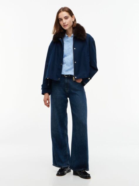 Μπλε Oversized Bomber Τζάκετ Με Συνθετική Γούνα Στο Γιακά  Γυναίκες