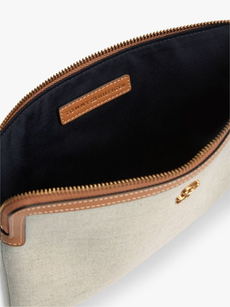 Brown Logo Leather Trim Canvas Pouch  Women