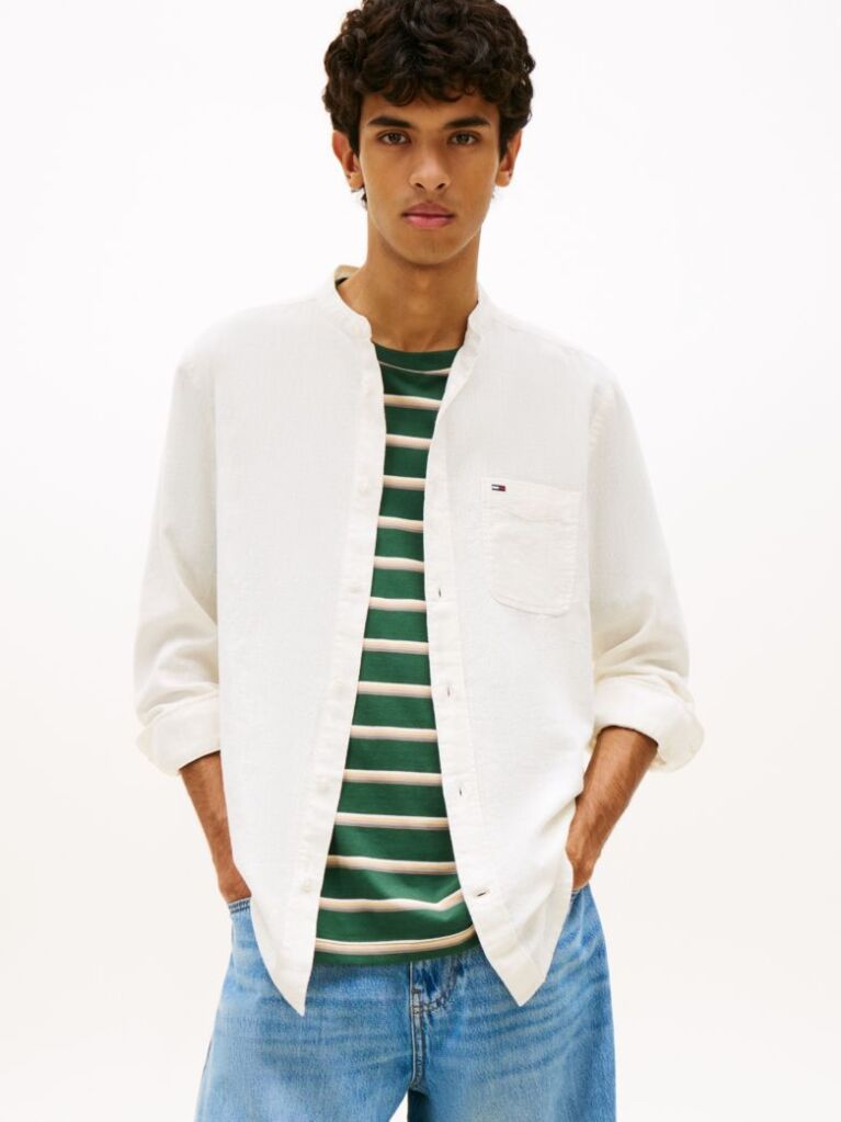 White Regular Fit Band Collar Linen Blend Shirt  Men