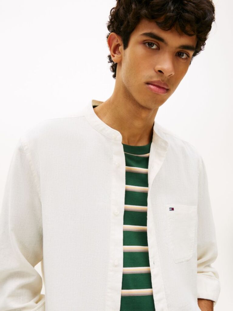 White Regular Fit Band Collar Linen Blend Shirt  Men