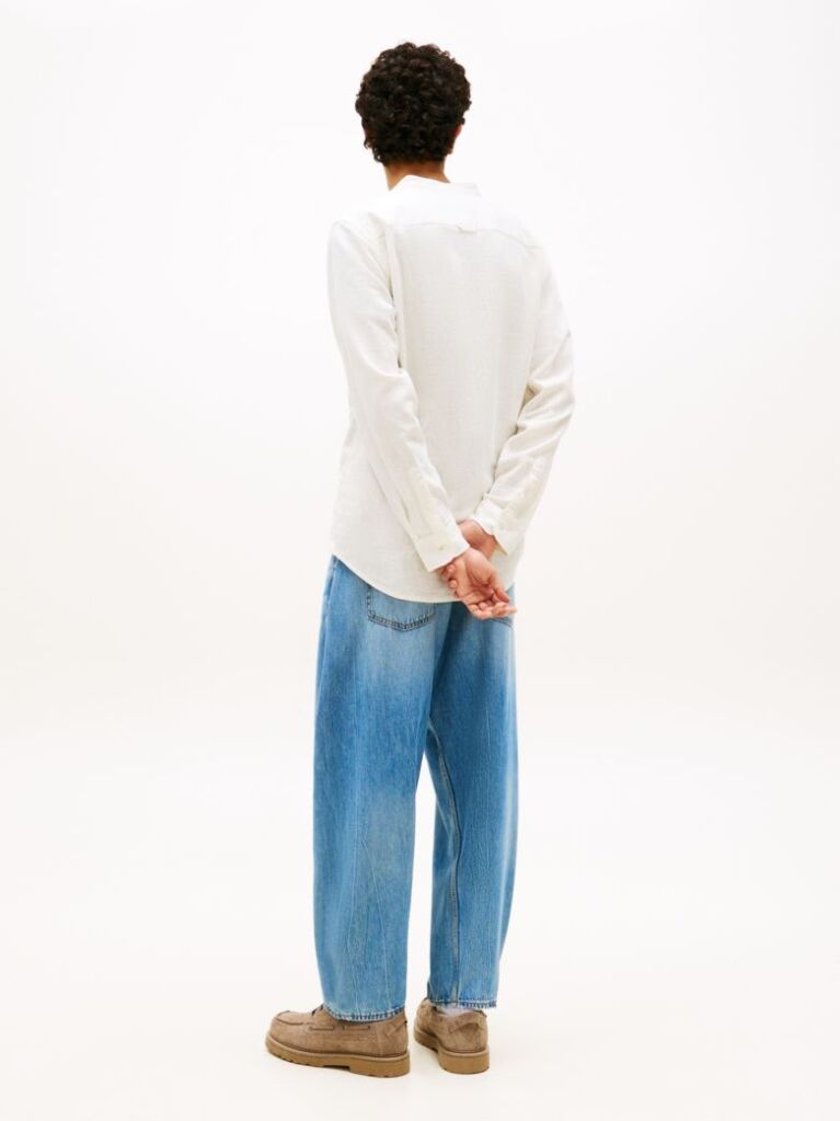 White Regular Fit Band Collar Linen Blend Shirt  Men
