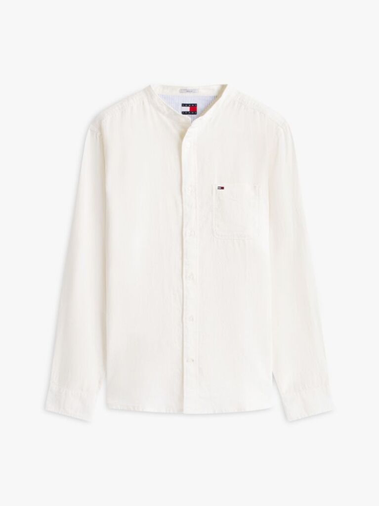 White Regular Fit Band Collar Linen Blend Shirt  Men