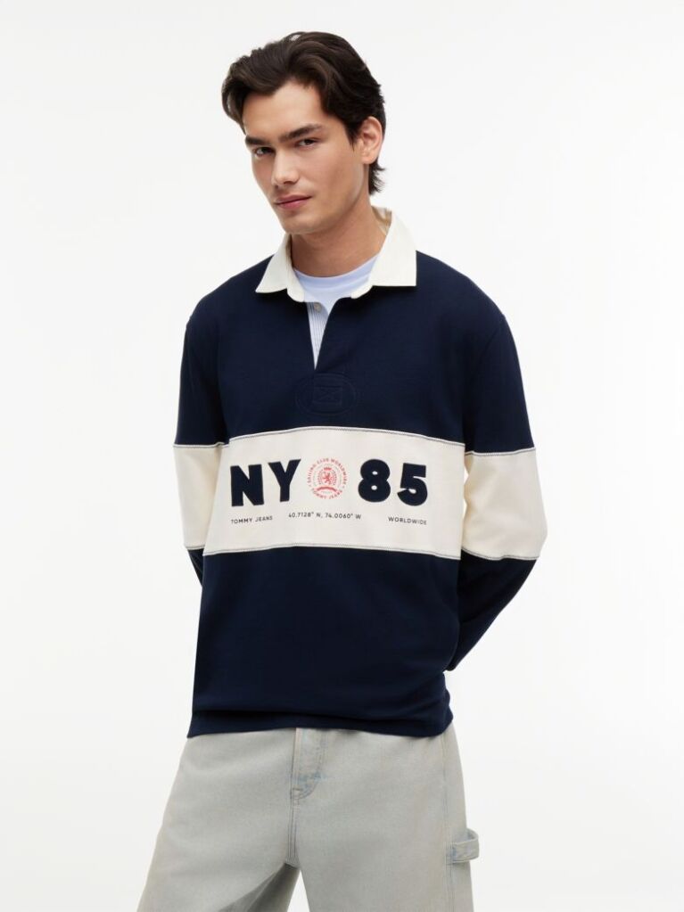 Blue Relaxed Fit Logo Panel Rugby Shirt  Men