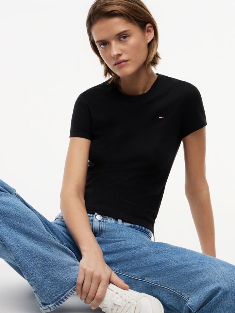 Black Crew Neck Flag Embroidered T-Shirt  Women
