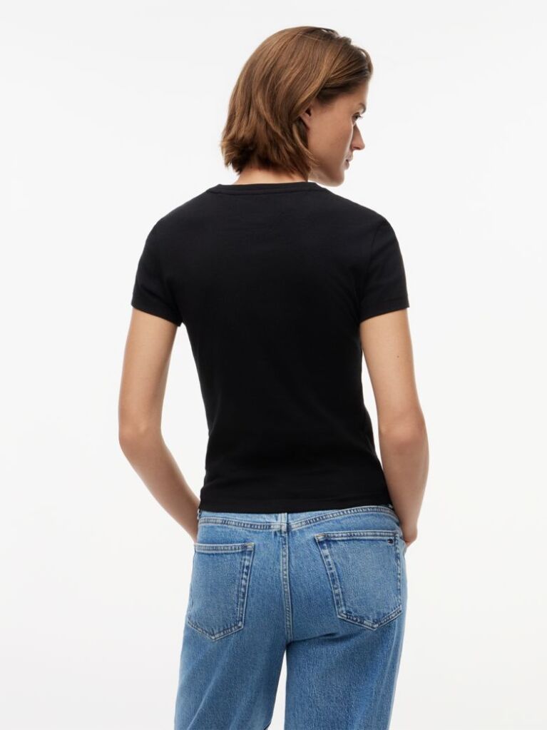 Black Crew Neck Flag Embroidered T-Shirt  Women