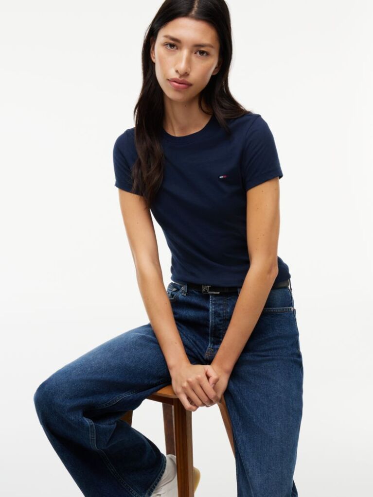 Blue Crew Neck Flag Embroidered T-Shirt  Women