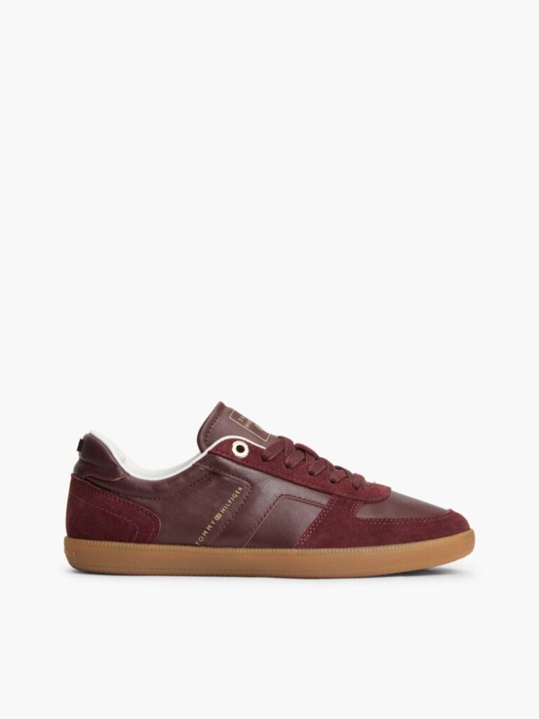 Red Leather Mixed Texture Enamel Flag Sneakers  Women