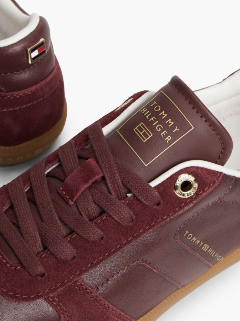 Red Leather Mixed Texture Enamel Flag Sneakers  Women