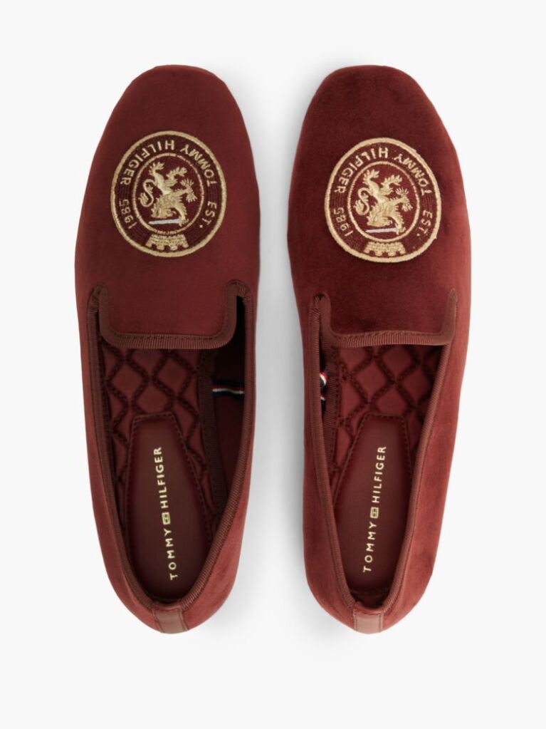 Red Crest Velour Loafer Slippers  Women