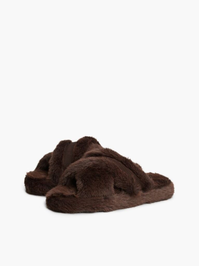 Brown Faux Fur Crossover Strap Slippers  Women