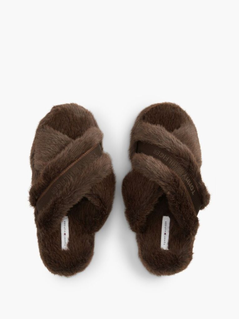 Brown Faux Fur Crossover Strap Slippers  Women