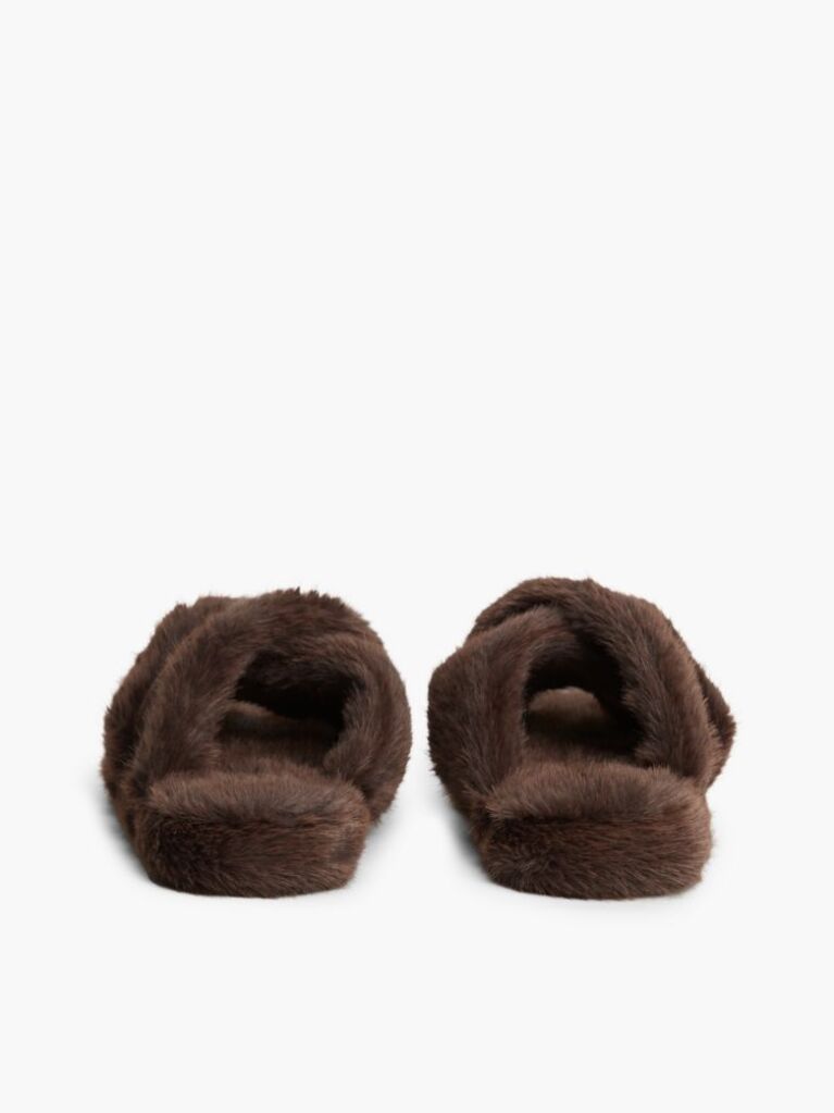 Brown Faux Fur Crossover Strap Slippers  Women