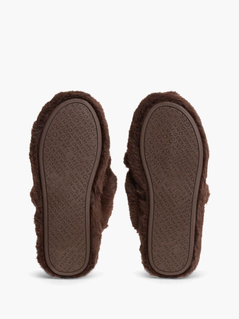 Brown Faux Fur Crossover Strap Slippers  Women