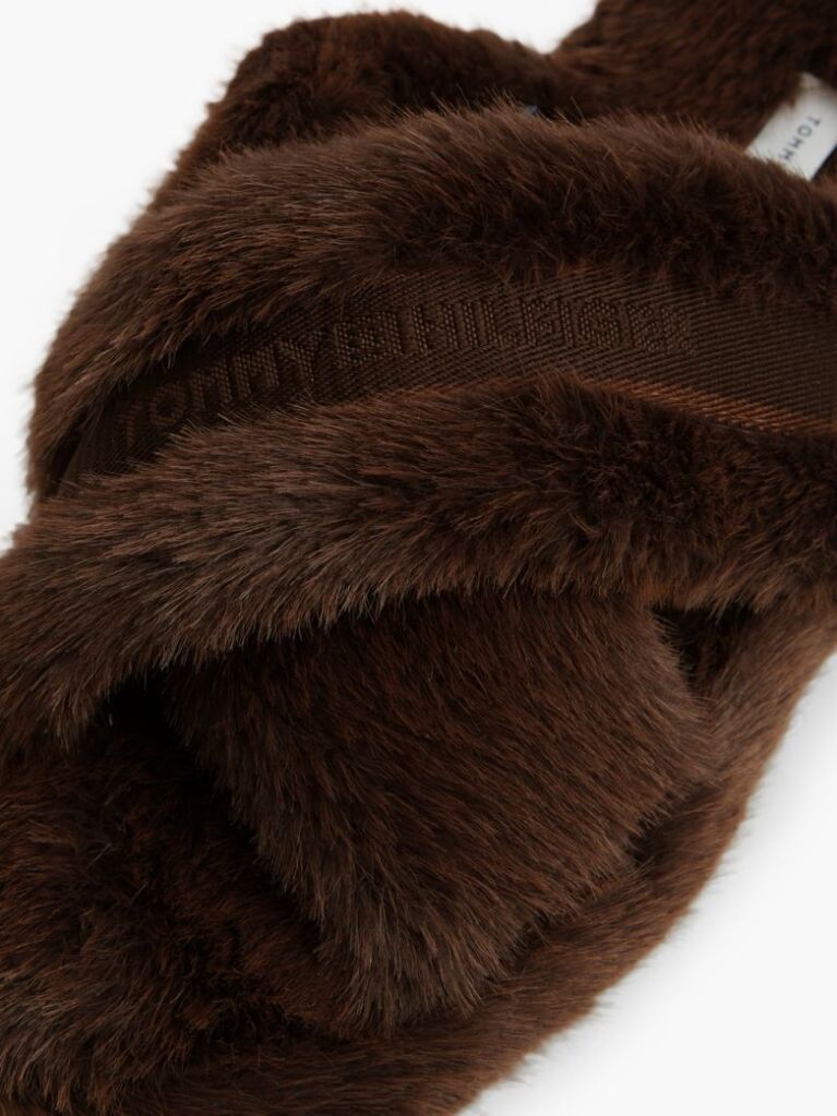 Brown Faux Fur Crossover Strap Slippers  Women