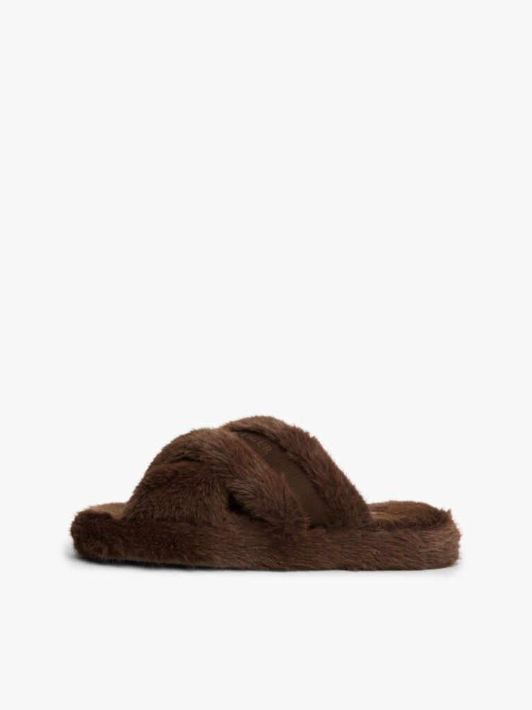 Brown Faux Fur Crossover Strap Slippers  Women